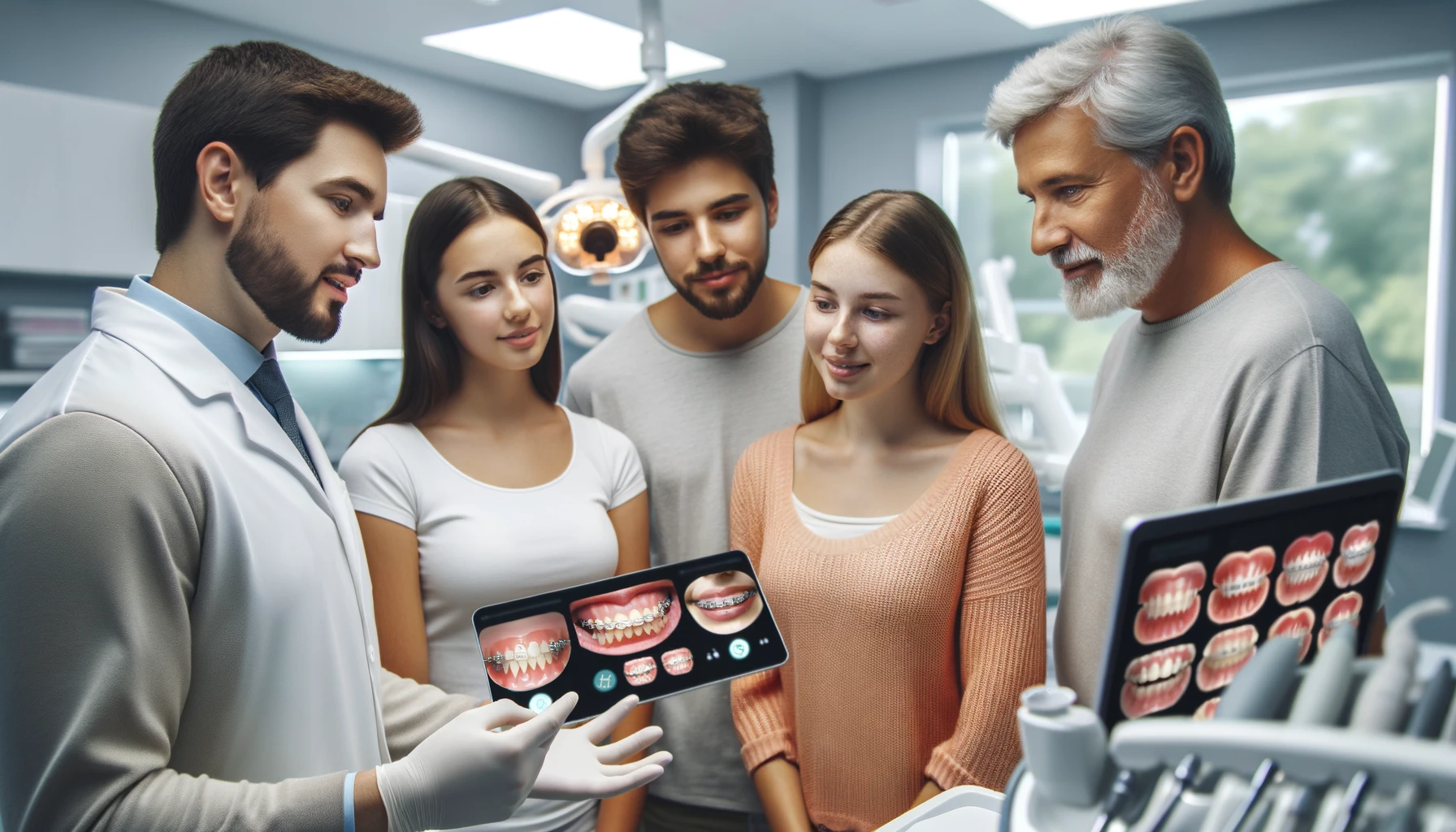 Gruppe mennesker i tannlegekontor diskuterer ulike typer tannregulering - tannregulering oslo