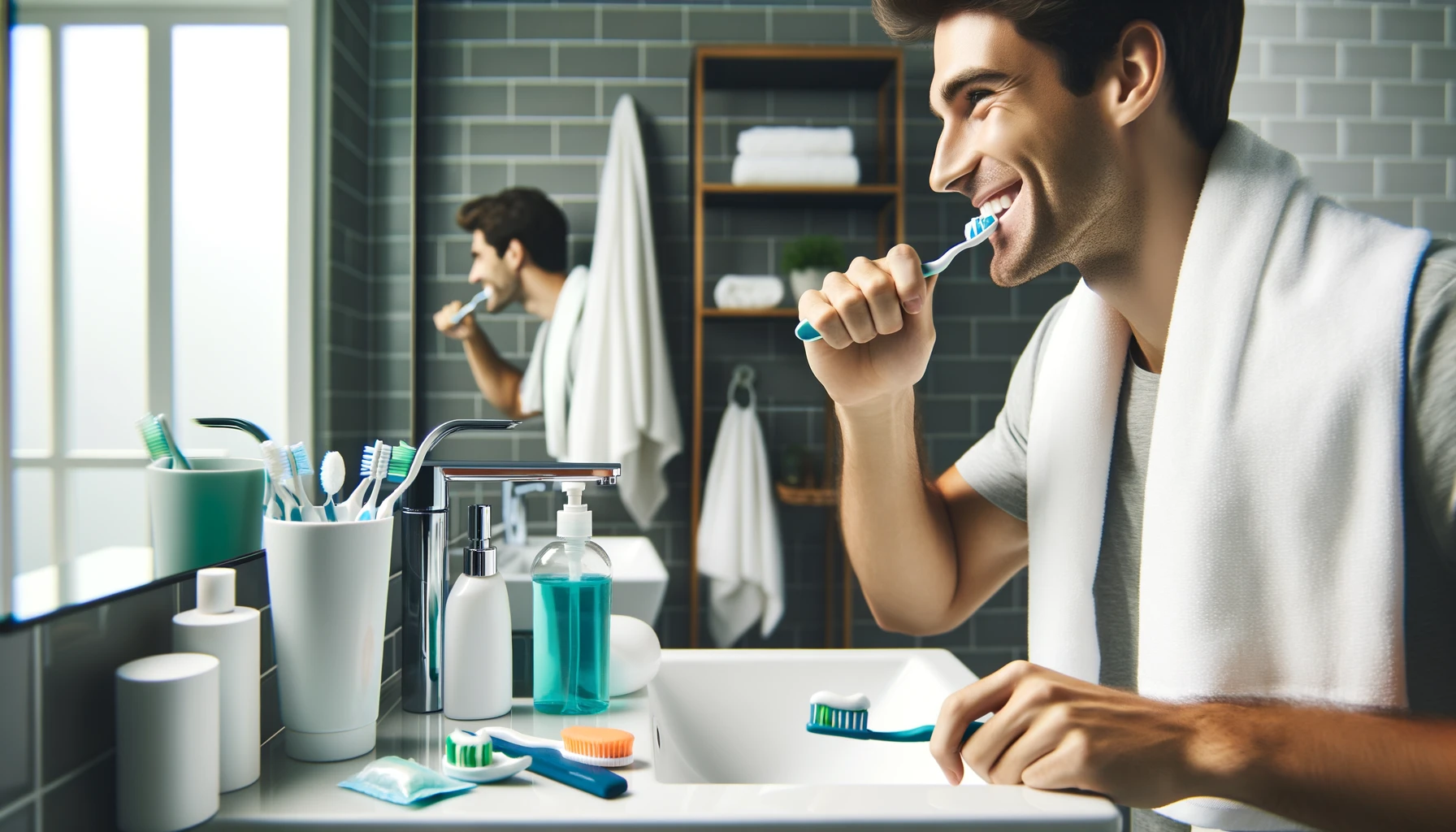 Person praktiserer god munnhygiene for å opprettholde sunn tannhals i et moderne og rent baderom