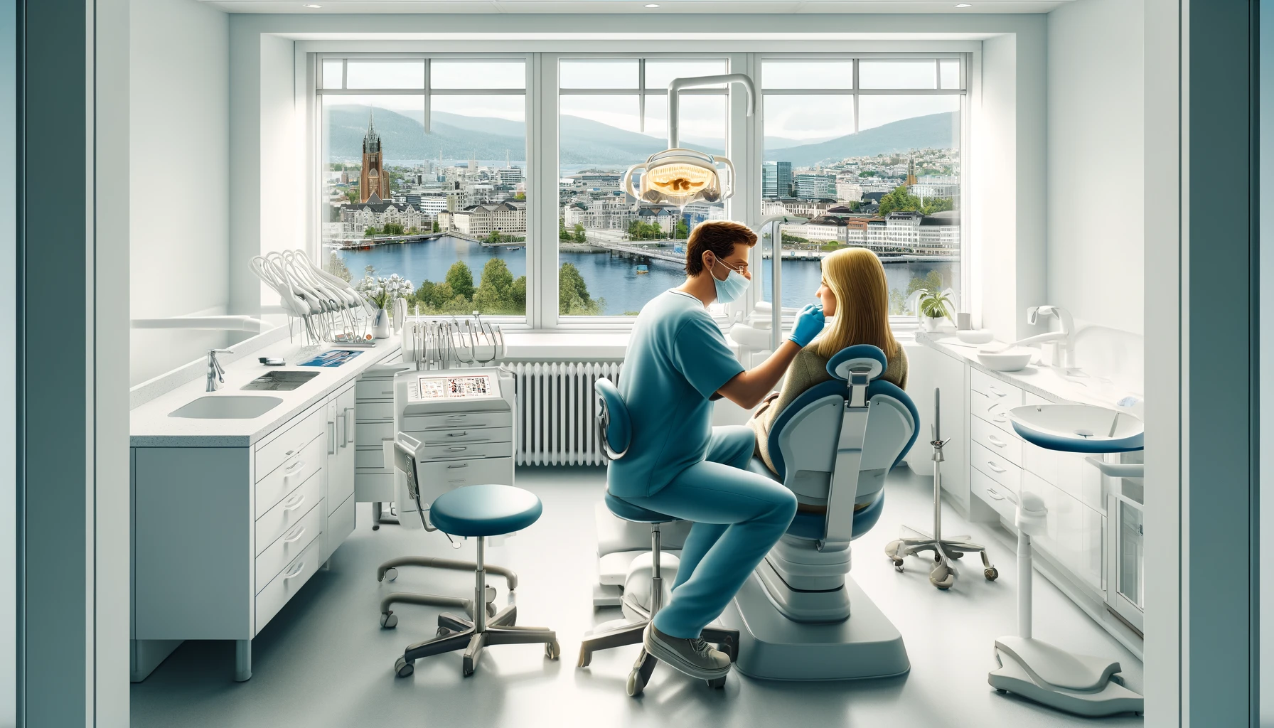 Illustrasjon av en moderne tannreguleringsklinikk i Oslo med tannlege og pasient