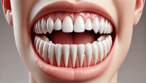 Nærbilde av en menneskemunn åpen med et fullt sett av sunne tenner.