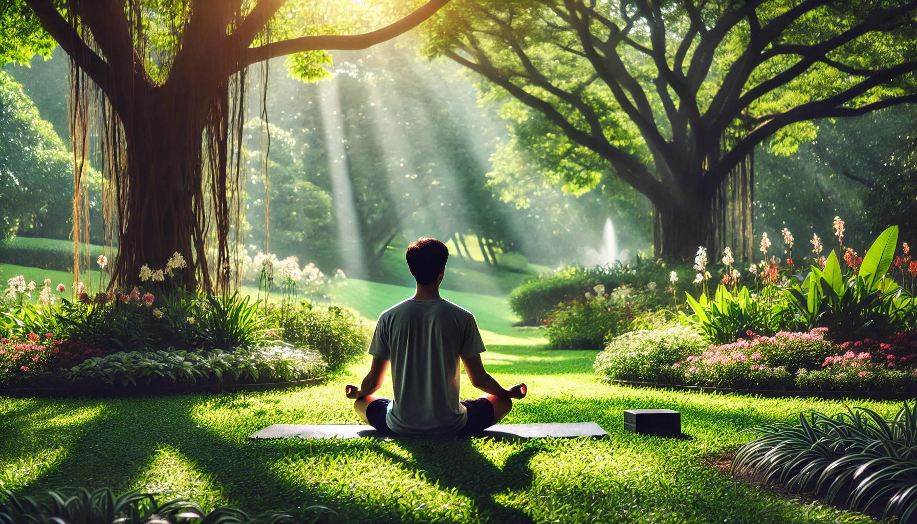Person mediterer rolig i en fredelig park, omgitt av blomstrende planter                                                                                                  migrene                  god effekt                 kronisk hodepine