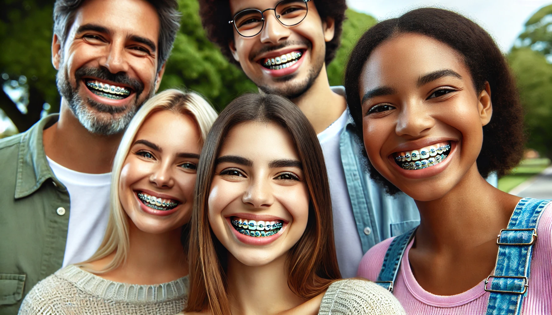 Mange forskjellige personer med tannregulering, både unge og voksne