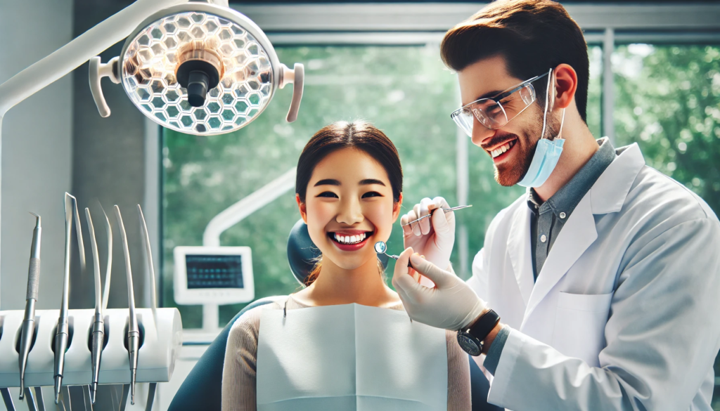 Tannlege justerer usynlige reguleringer på smilende pasient i moderne klinikk                                                                                       tannregulering for voksne  baksiden av tennene  spesialist i kjeveortopedi  behov for tannregulering  ulike typer ulike typer    type regulering