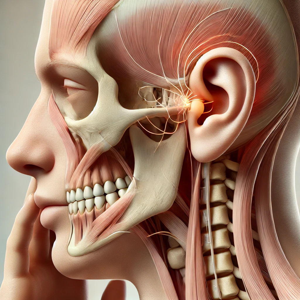 En realistisk illustrasjon som viser kjeveleddet (TMJ) og hvordan det kobles til kjeven og øret, med fokus på naturlig anatomi og forbindelsen mellom muskler i kjeven og øret.