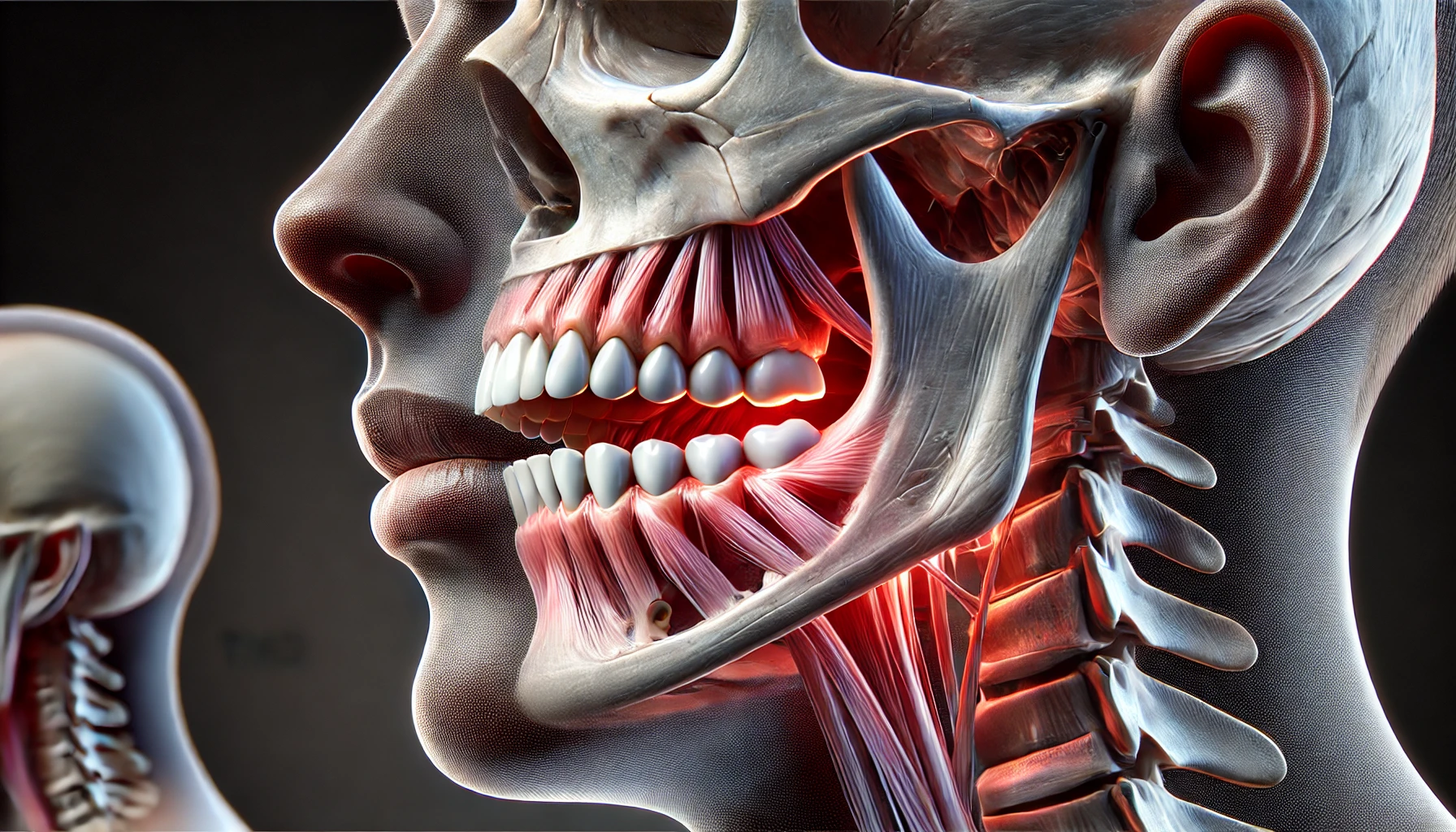 Bilde av kjeveområdet med tegn på temporomandibulære lidelser, inkludert smerte og spenning i kjeveleddet uten tekst."