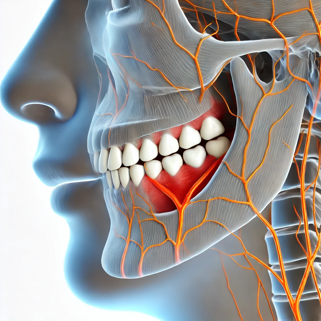 Medisinsk illustrasjon som viser nerveskade symptomer i kjeve- og munnområdet, med fokus på nerver rundt tennene og kjeven.