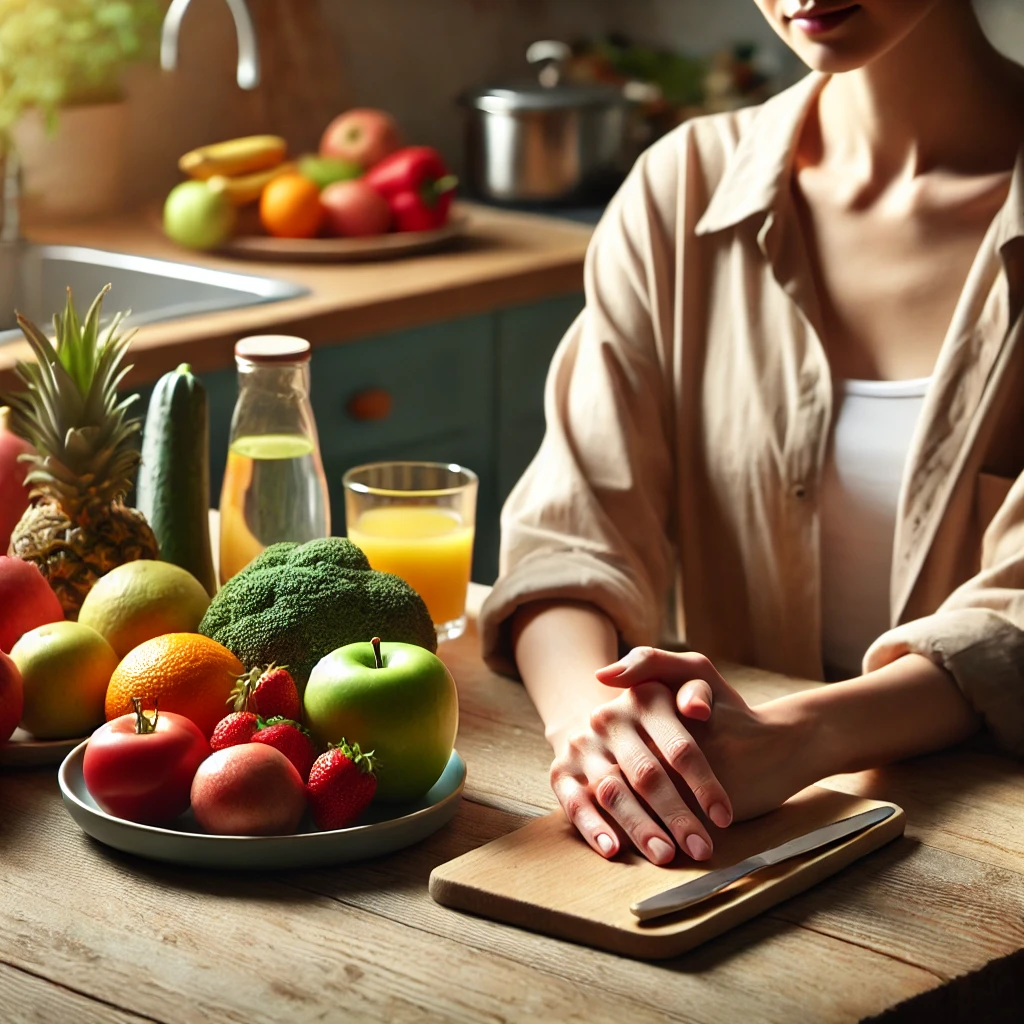 En person som sitter ved et bord med fersk frukt og grønnsaker i et naturlig hjemmekjøkken, som fremhever viktigheten av et sunt kosthold for å forebygge munnsår.