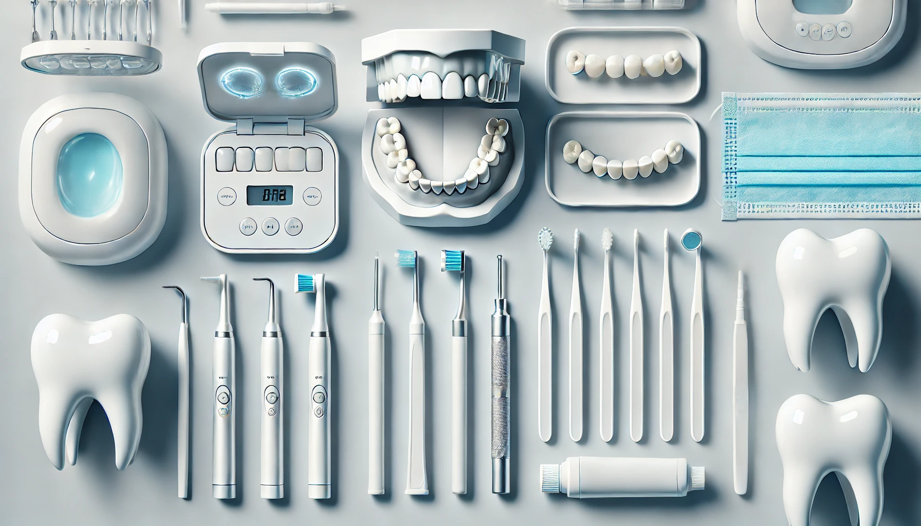 Simple side-by-side comparison of professional teeth whitening tools and at-home kits in a clean, uncluttered dental setting."