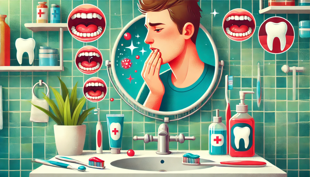 A person examining their gums in a bathroom mirror, concerned about bleeding gums, with dental care products nearby.