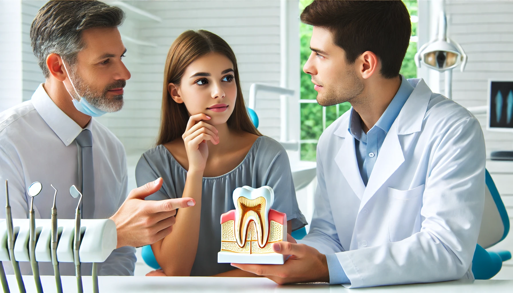 "A dentist explaining the problems caused by wisdom teeth using a model while a concerned patient listens in a bright dental clinic."