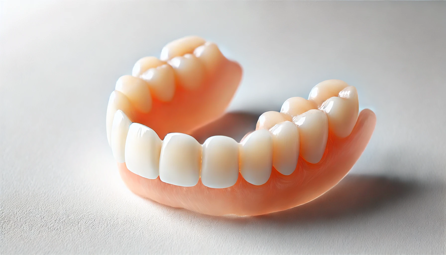 A close-up view of natural-looking dentures on a white background, highlighting their design and fit.