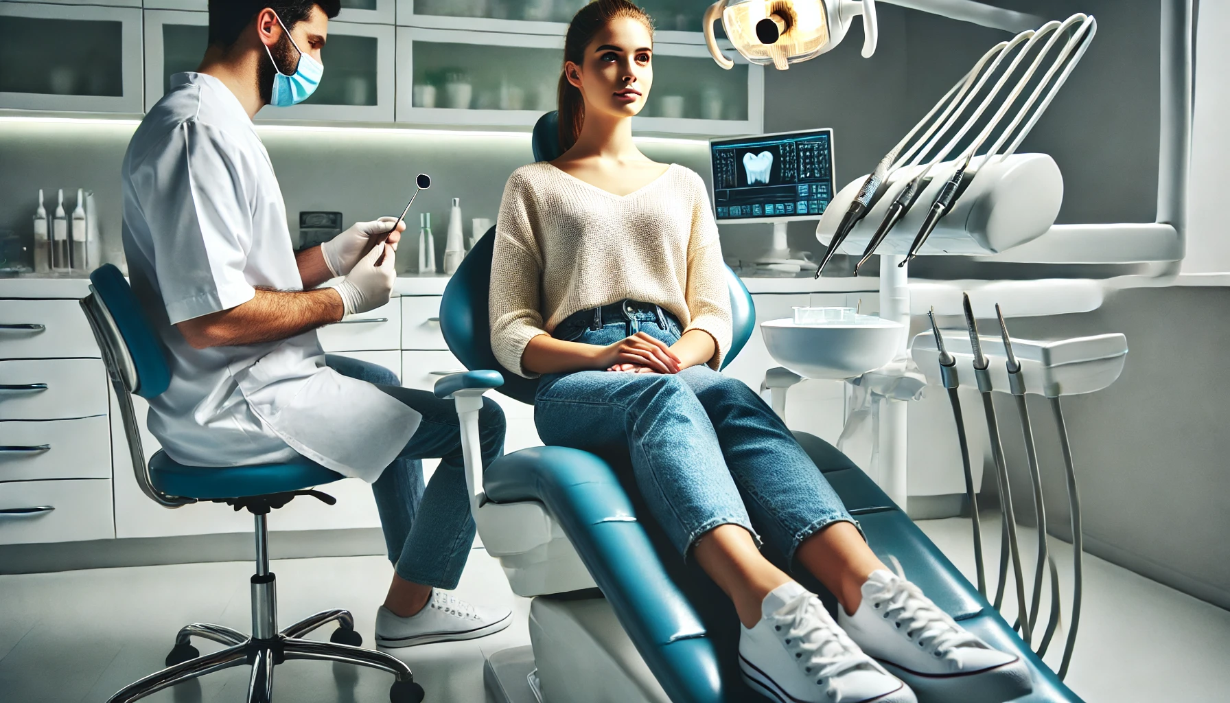 "A patient sits calmly in a modern dental clinic, with the dentist preparing tools.                                                                        mer dine