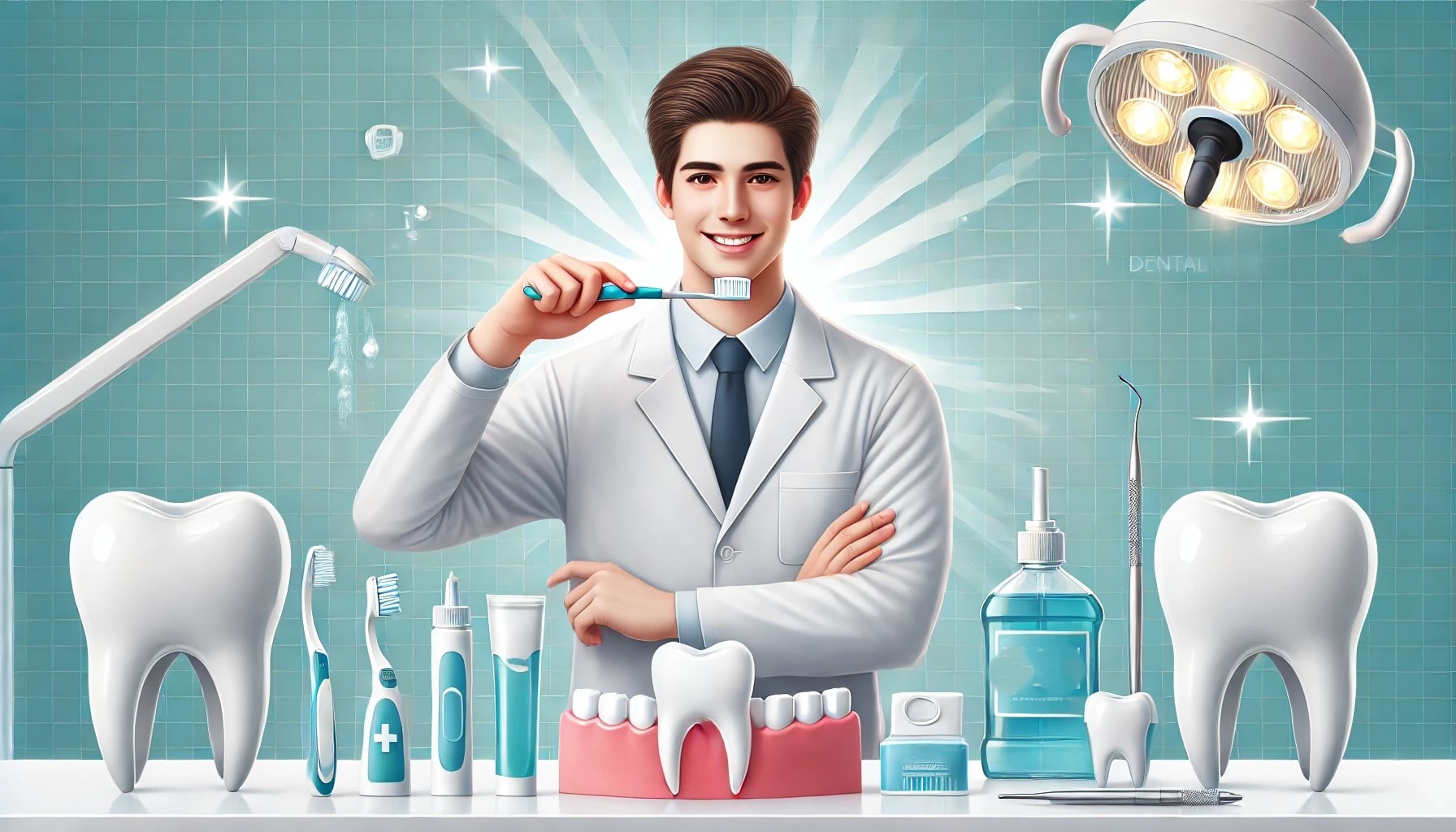 A clean dental clinic with a professional demonstrating oral hygiene techniques, highlighting prevention and treatment of tooth infections.