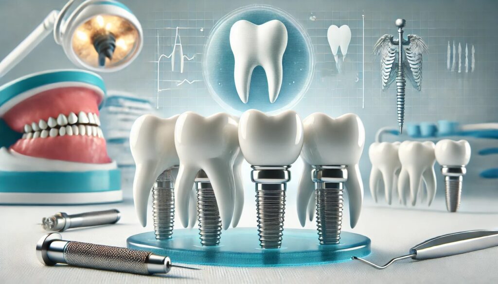 A dental implants model in a clean dental setting, showcasing the implant structure including the titanium post, abutment, and crown."