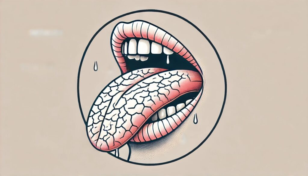 Side view illustration of a human mouth with a dry, cracked tongue, depicting symptoms of dry mouth."