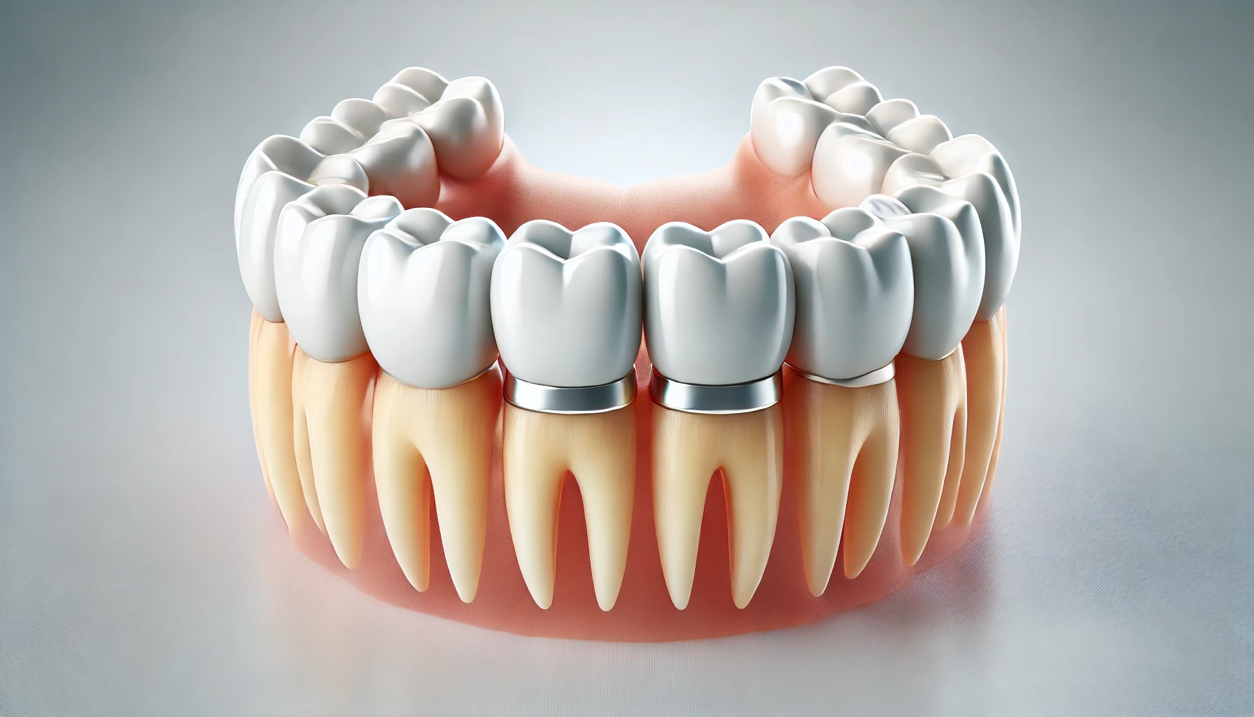 "Illustration showing how a dental bridge works with four teeth, two healthy teeth on either side, and two replacement teeth in the middle."