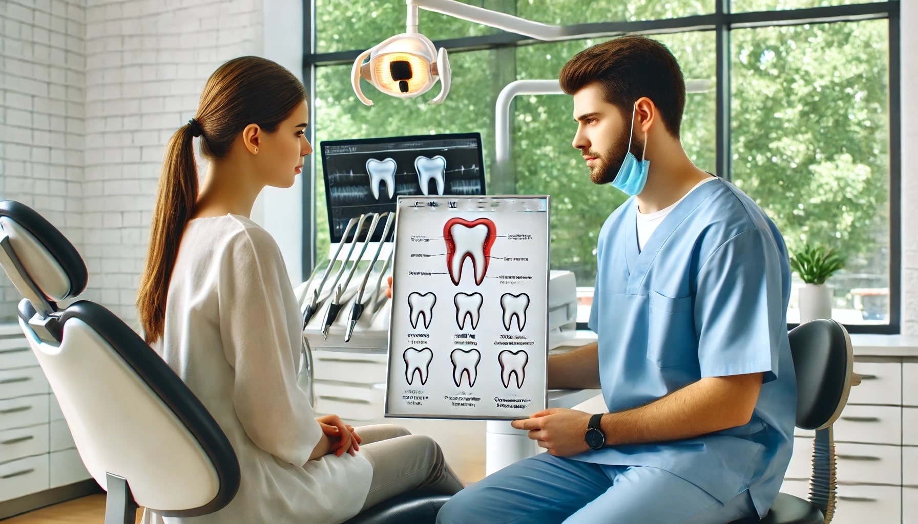 "A dentist explaining signs for wisdom teeth removal to a patient using a diagram, highlighting symptoms in a bright dental office."