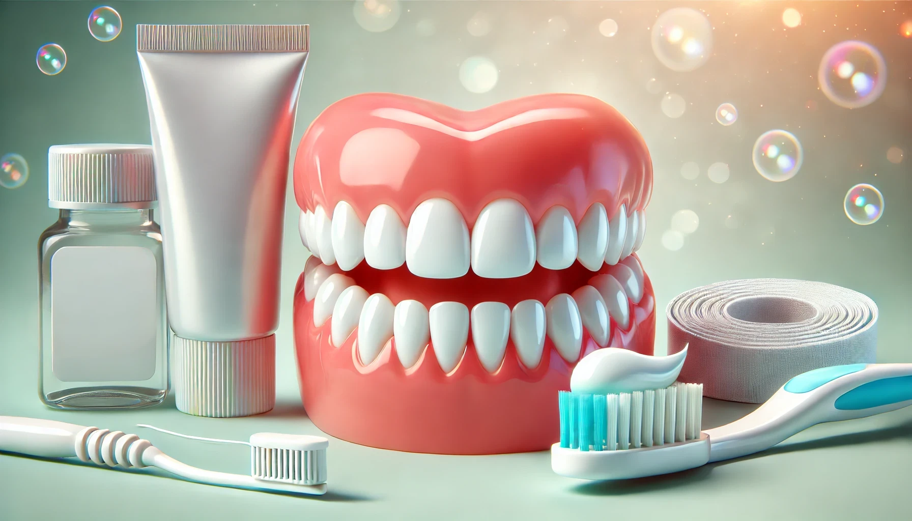  A healthy mouth with clean teeth, toothbrush, floss, and toothpaste, emphasizing good oral hygiene.