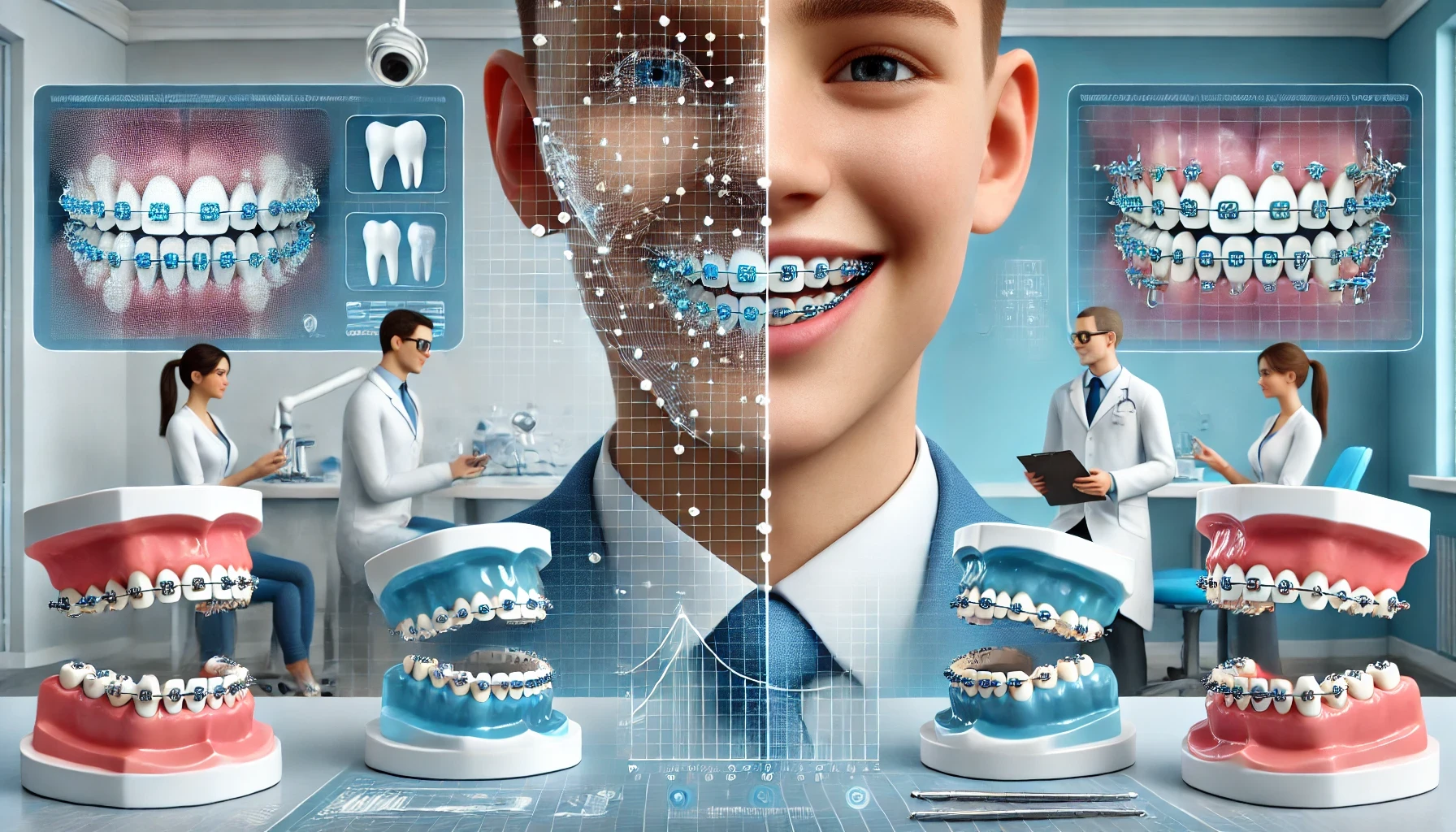 A dental office scene showcasing invisible braces and traditional metal braces side by side, highlighting their differences.