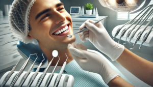 "A close-up of a dentist removing plaque from a patient's teeth with dental tools in a clean, modern clinic, emphasizing oral hygiene."