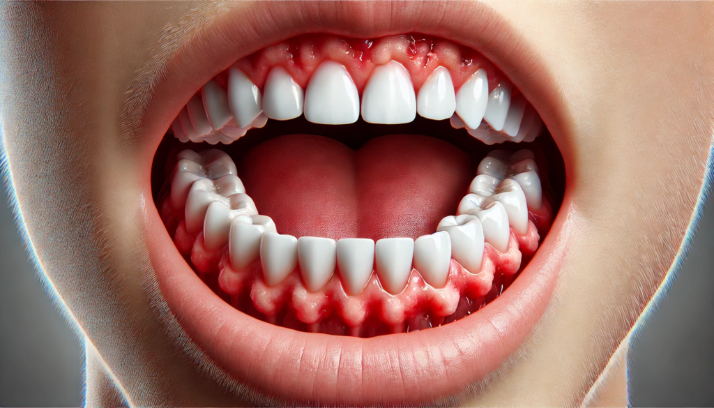 Close-up view of a mouth showing early signs of gum disease with inflamed gums."