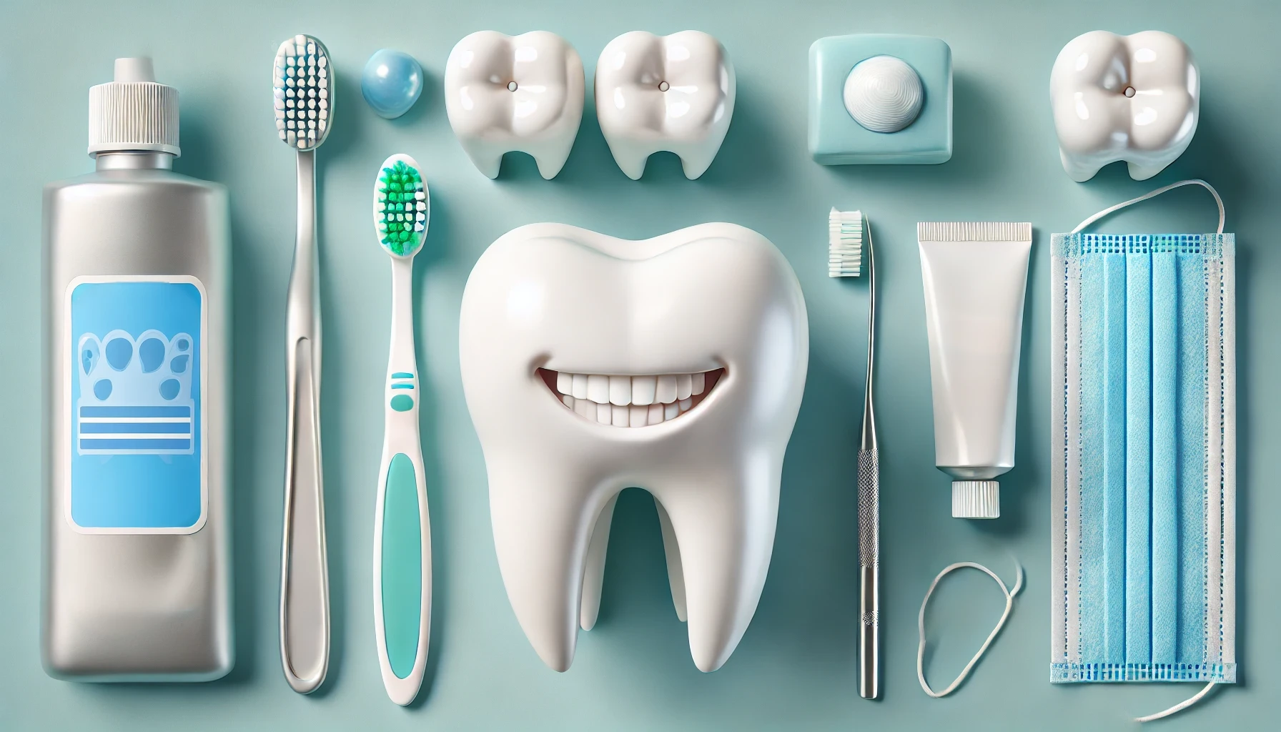 Bright smile with dental care items like toothbrush, toothpaste, and floss in a clean setting, emphasizing good oral hygiene maintenance."