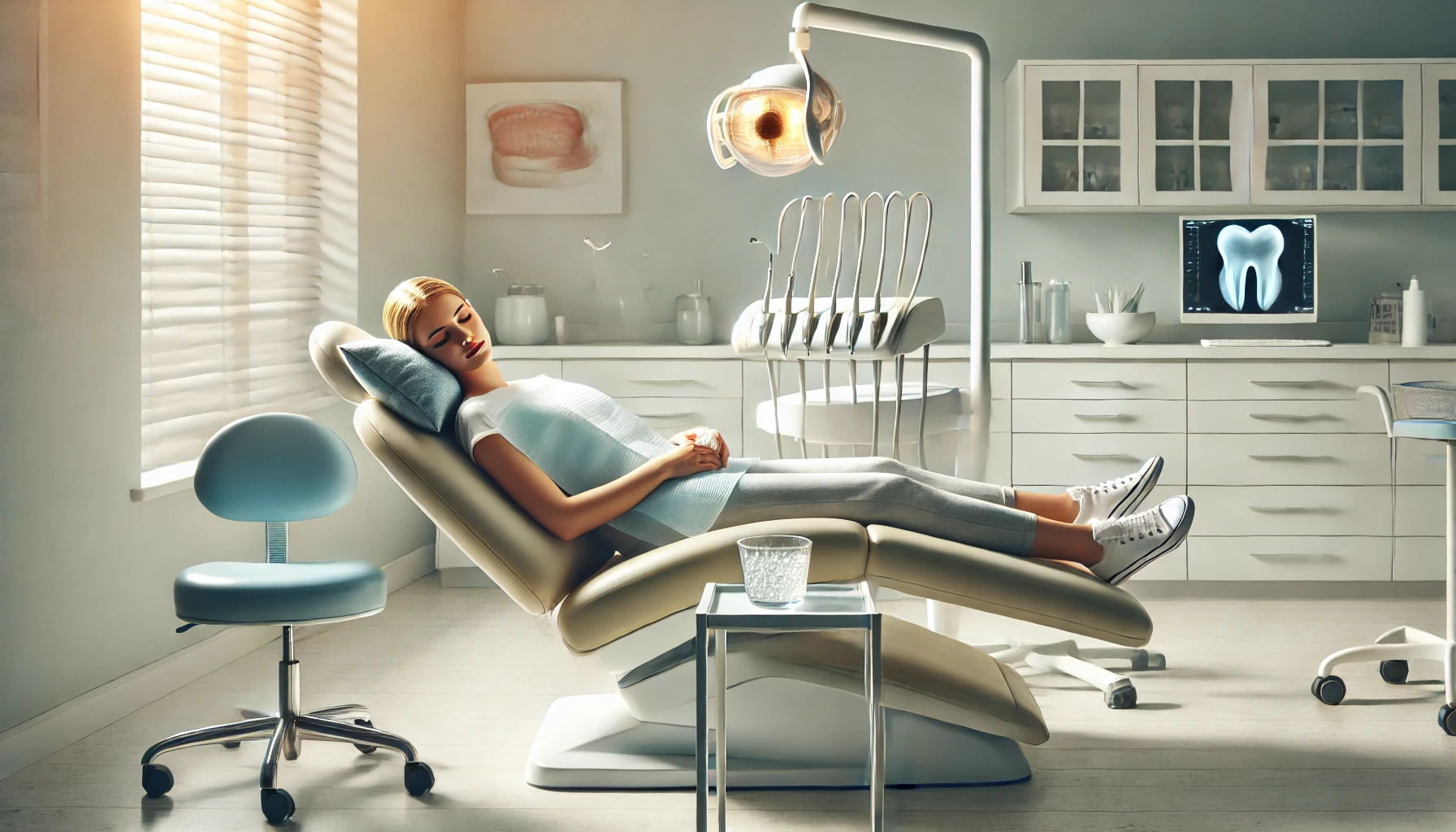 Patient resting in a serene recovery room after wisdom teeth removal, with an ice pack on their cheek in a calming dental clinic setting