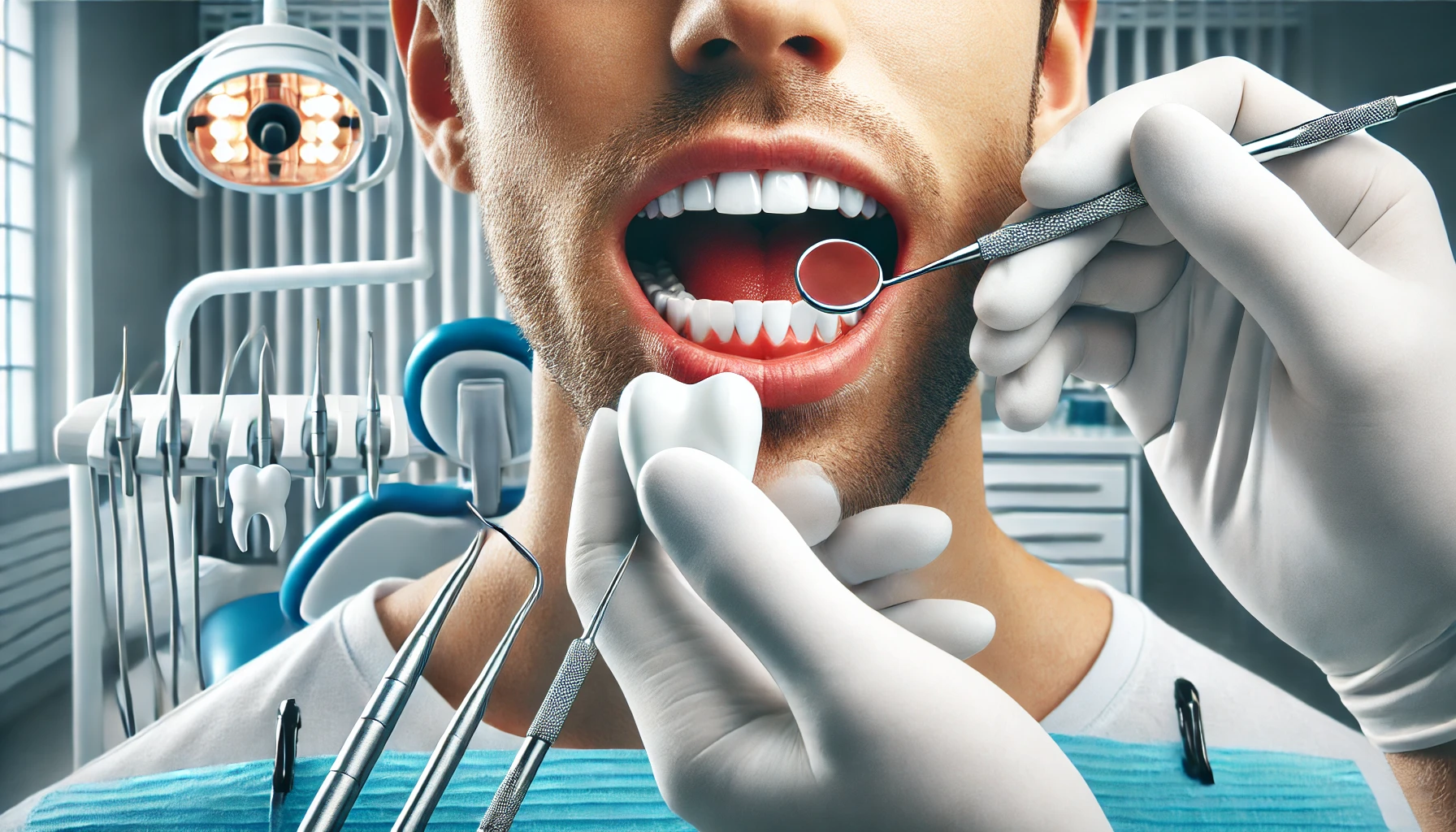 A dentist examining a patient's teeth with medical instruments in a professional dental clinic, illustrating treatment options for loose teeth."