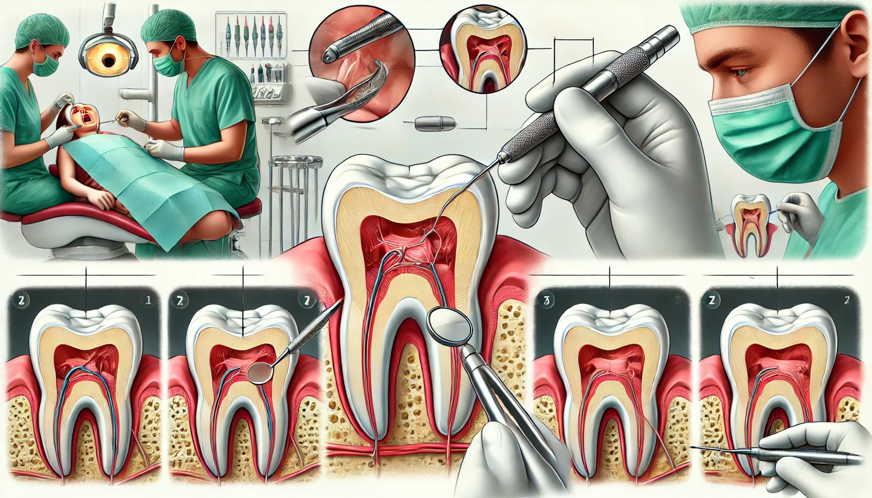 Dentist performing a root canal on a patient, showcasing various stages."