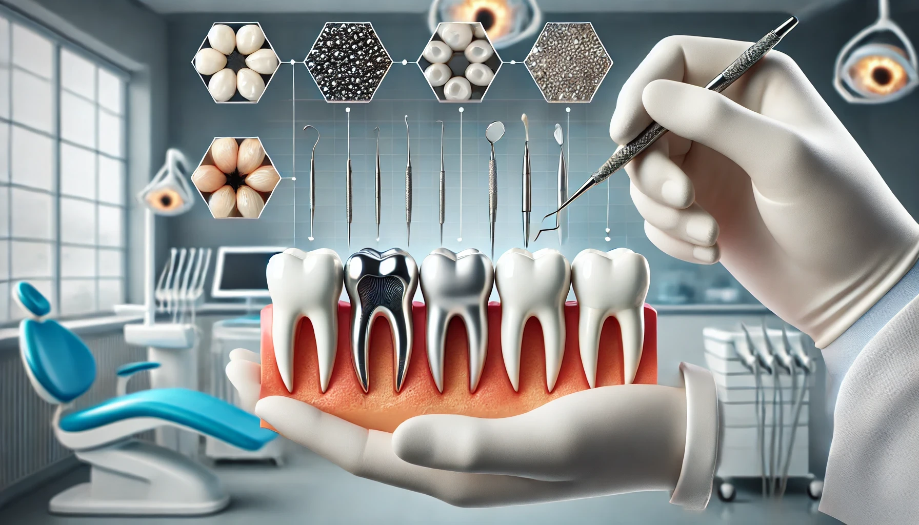 "A dental model displaying various types of tooth fillings, including silver amalgam, composite resin, and ceramic, in a modern clinic."