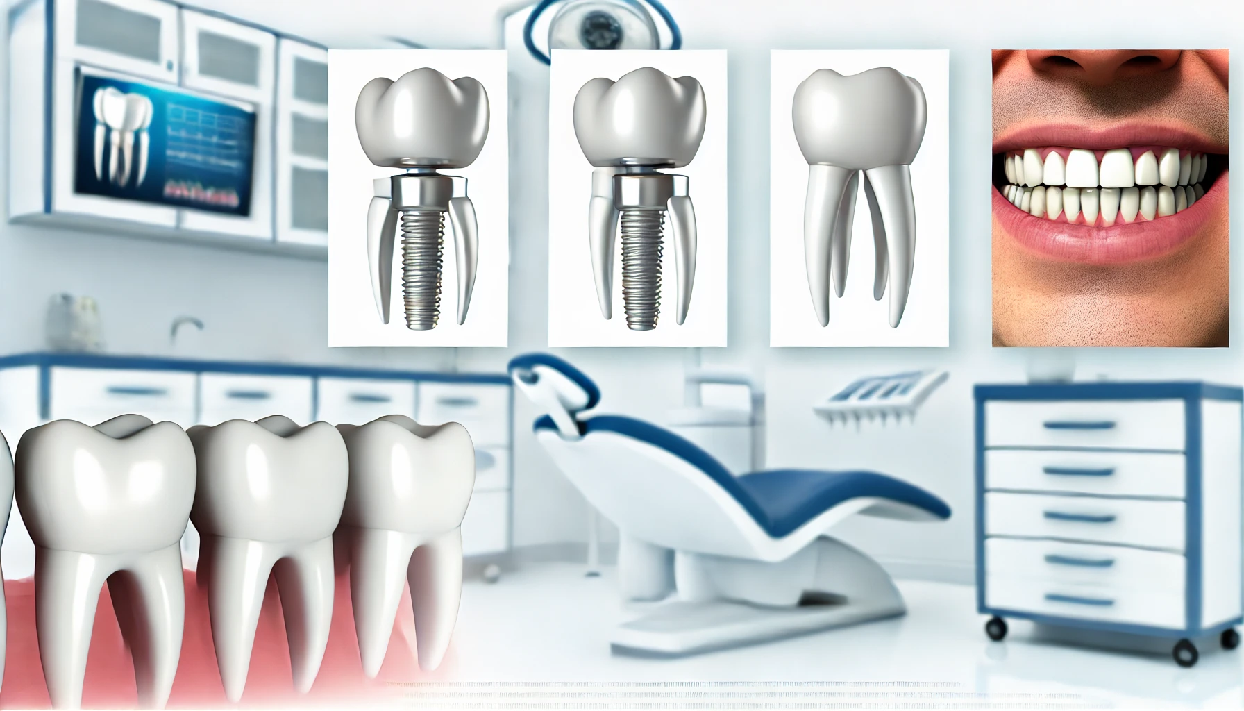 Dental implant models in a clean setting, highlighting different types of implants and dental tools to subtly emphasize cost factors."