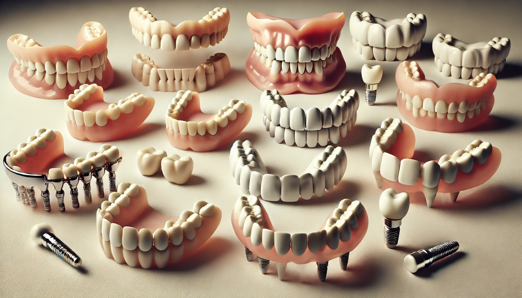 An artistic representation of full, partial, and implant-supported dentures on a neutral background, showcasing their differences.