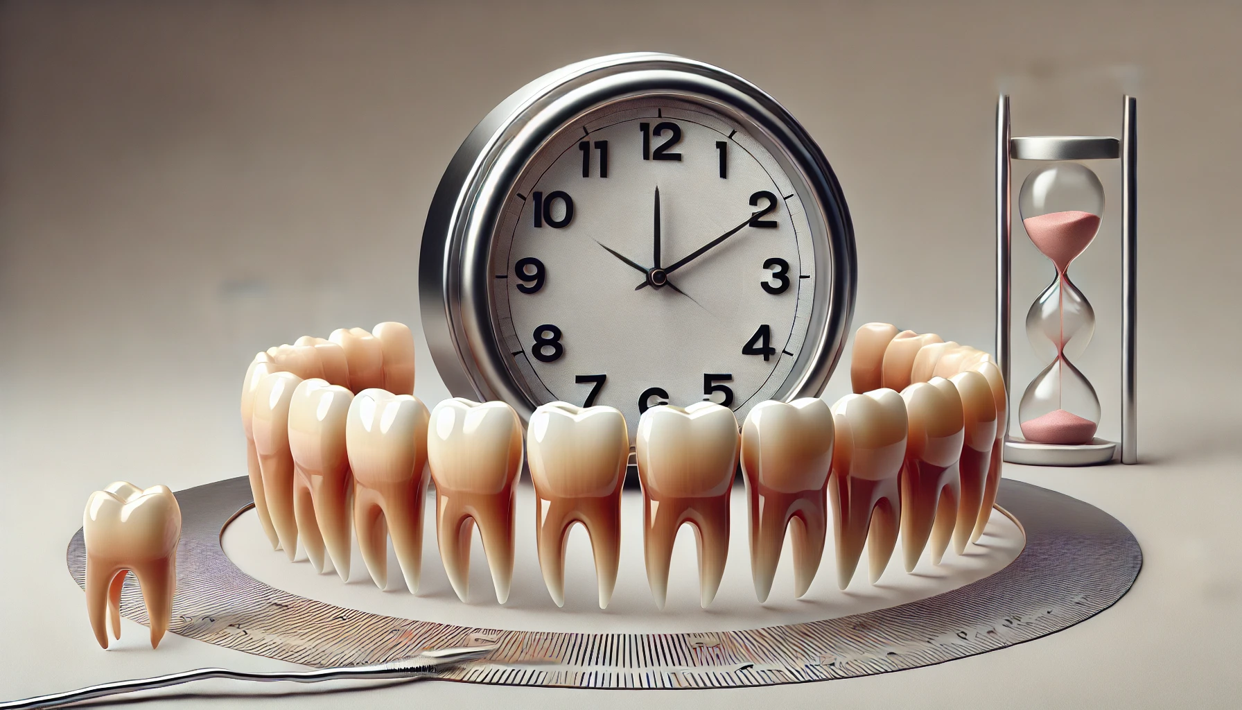 Close-up of a set of polished dental veneers on a neutral background, with a clock subtly integrated to symbolize longevity."