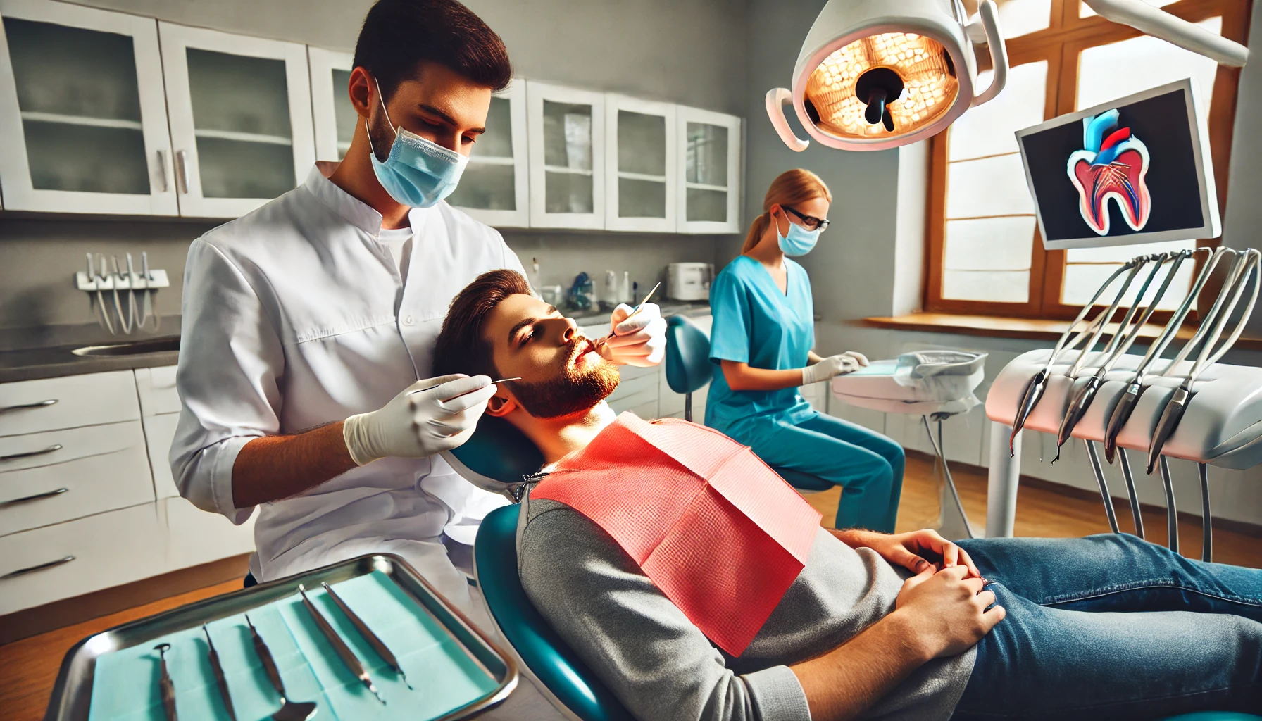 "A dental surgeon preparing for a wisdom teeth removal procedure, with the patient reclined and the dental team setting up tools in a clean clinic."