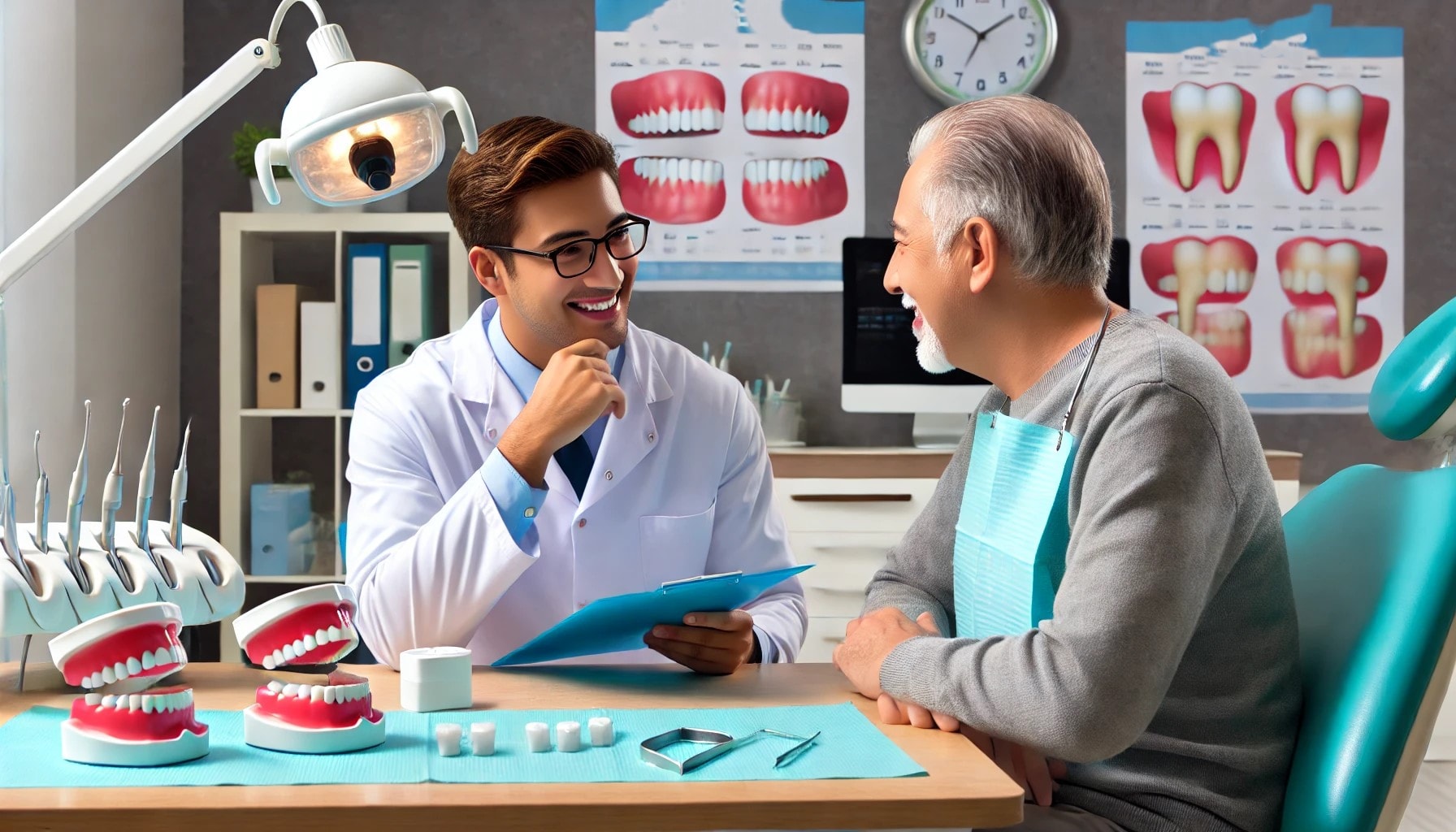 A dental consultation scene with a professional discussing dentures and costs with a patient, emphasizing affordability.