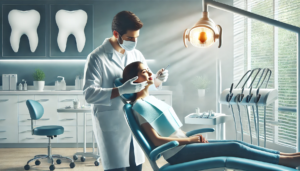 "A dentist carefully examining a patient in a clean, well-lit clinic, highlighting the importance of regular dental checkup for oral health."