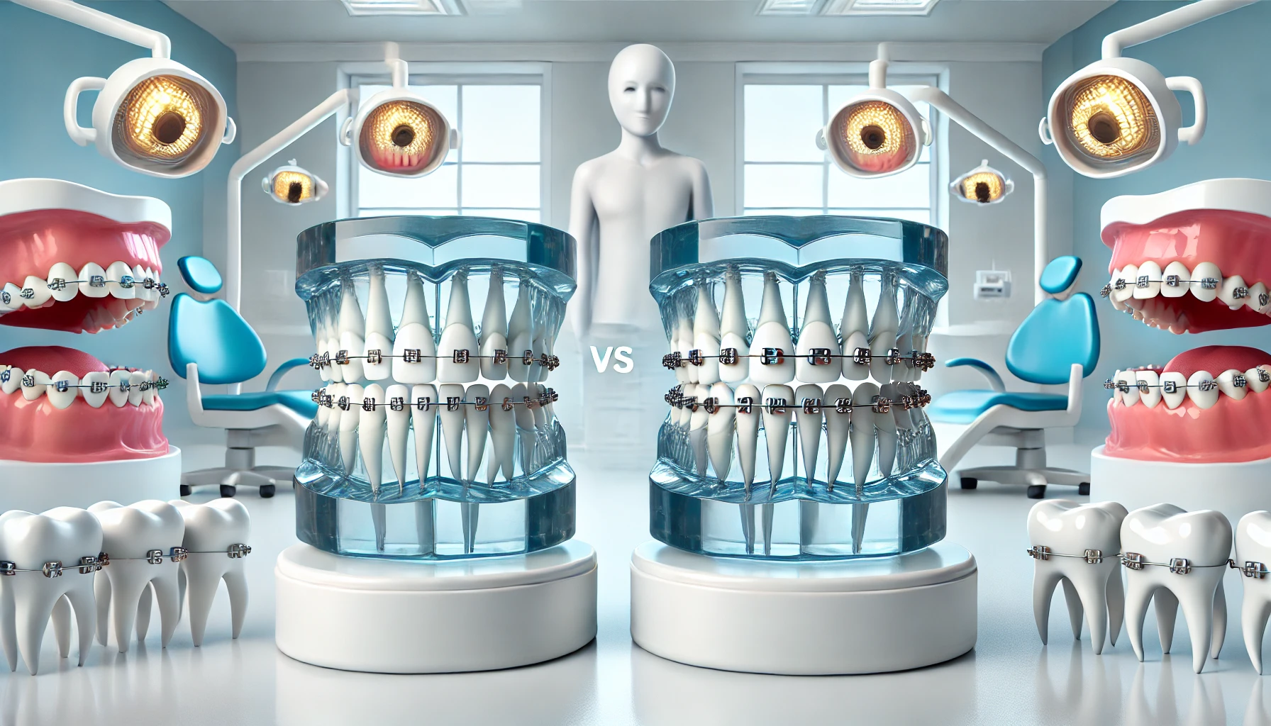 A dental office scene displaying invisible braces on one side and traditional metal braces on the other, highlighting their differences.