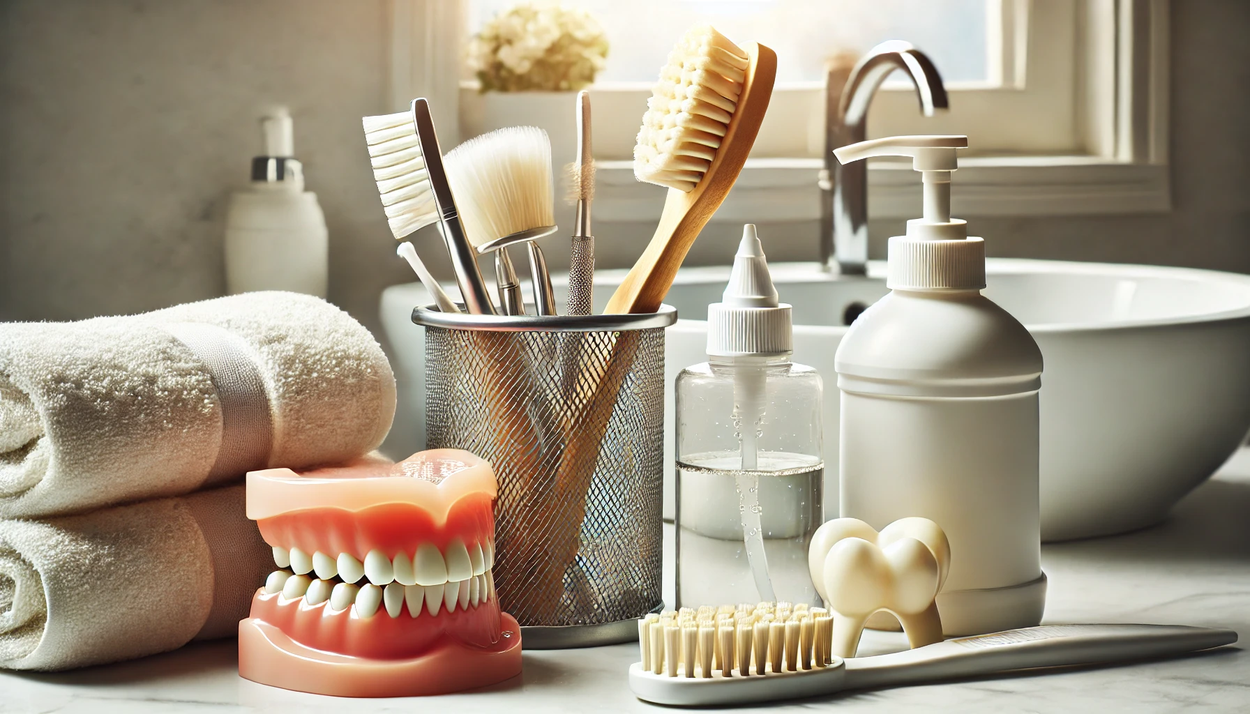  An organized bathroom scene with denture care supplies, emphasizing hygiene and tools for long-lasting denture results.