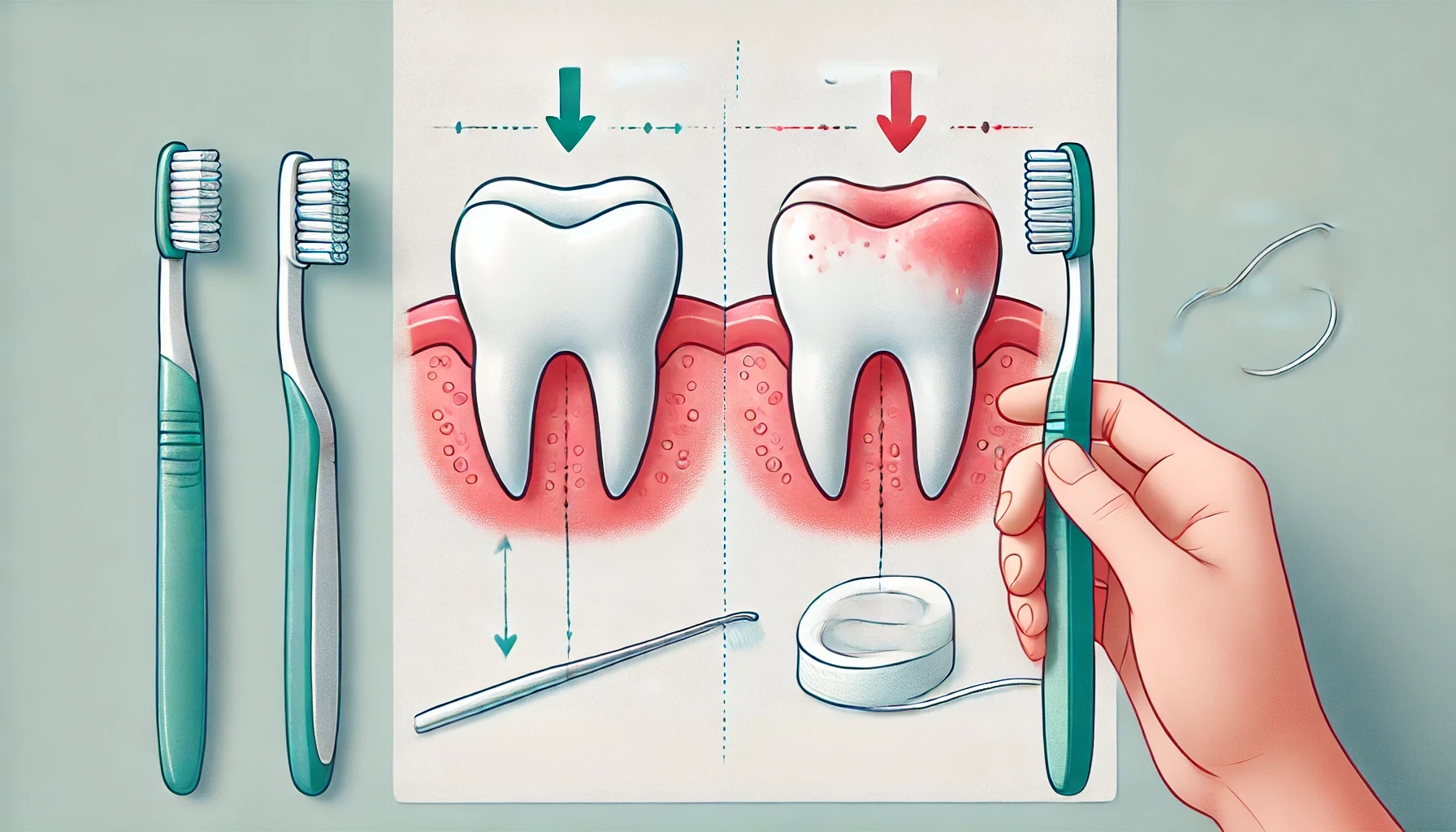 A close-up of healthy and unhealthy gum lines with arrows pointing to plaque buildup and gum disease, alongside a toothbrush and floss.