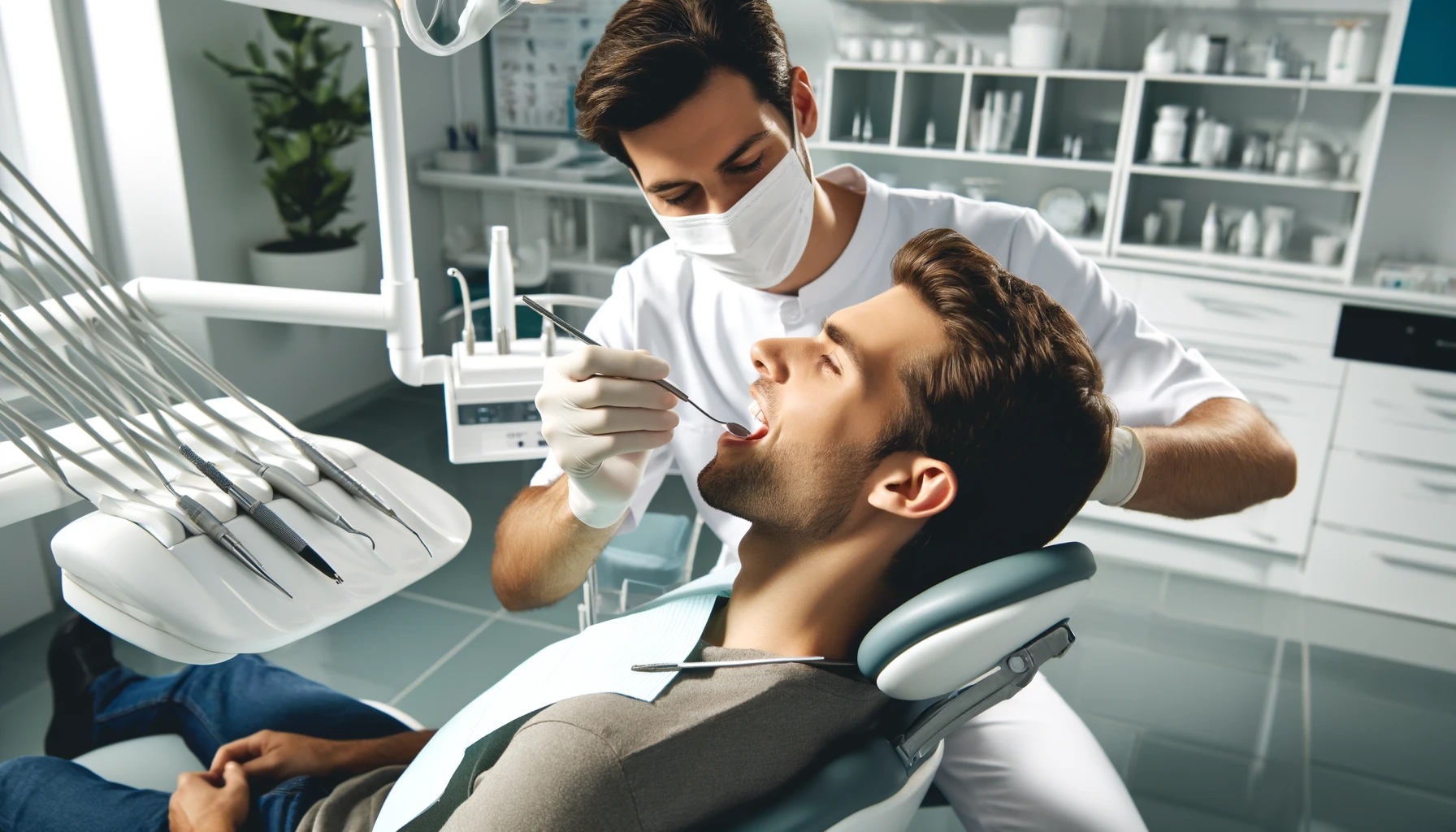 "A dentist performing a dental checkup on a relaxed patient in a clean, modern clinic with bright lighting and organized dental equipment."