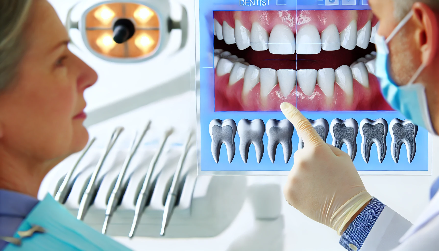 A dentist inspects a patient's teeth, revealing noticeable plaque buildup in a modern clinic, emphasizing the detrimental effects of plaque.