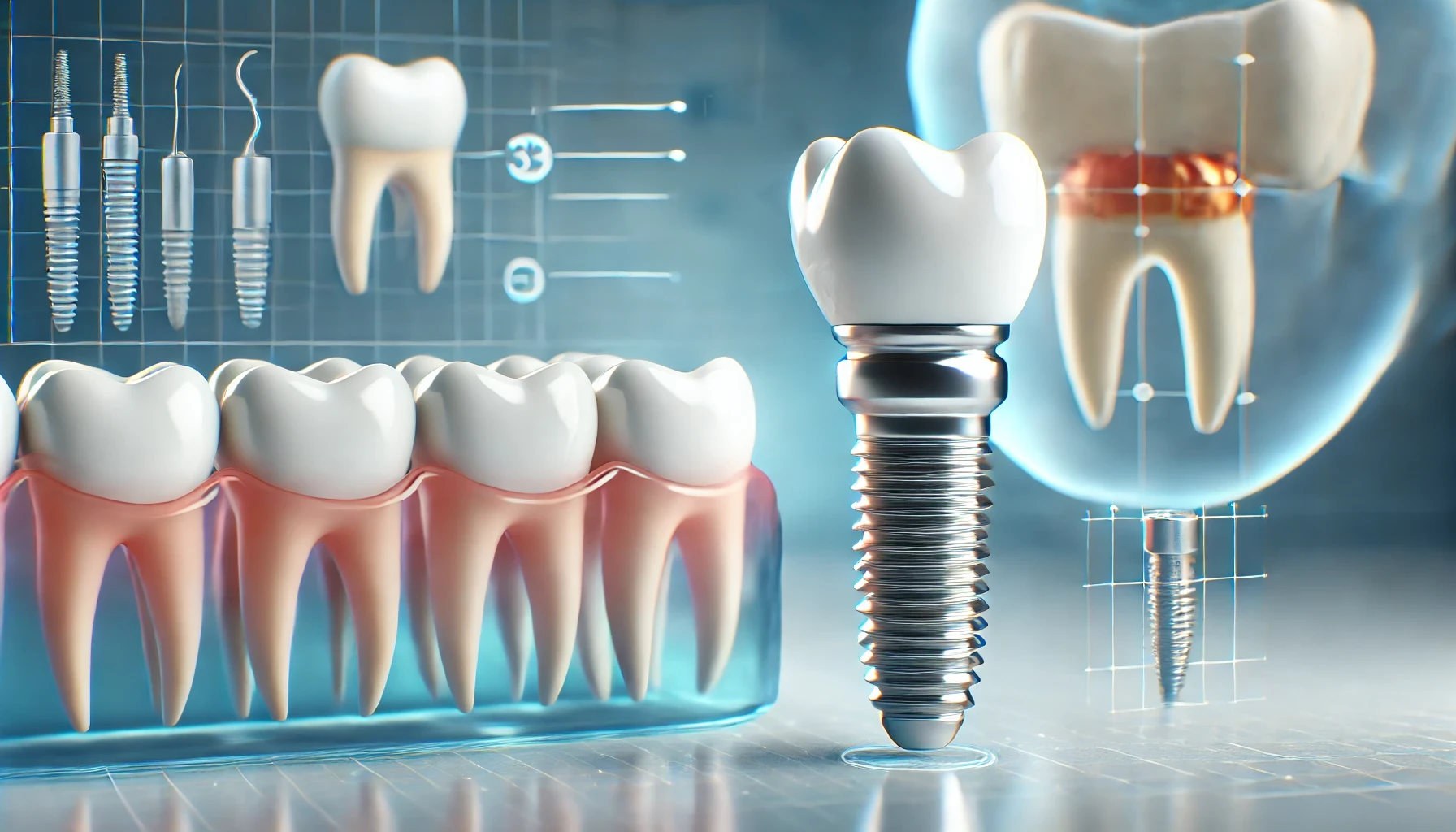 A dental implant model in a clean dental setting, showing the implant structure including the titanium post, abutment, and crown."