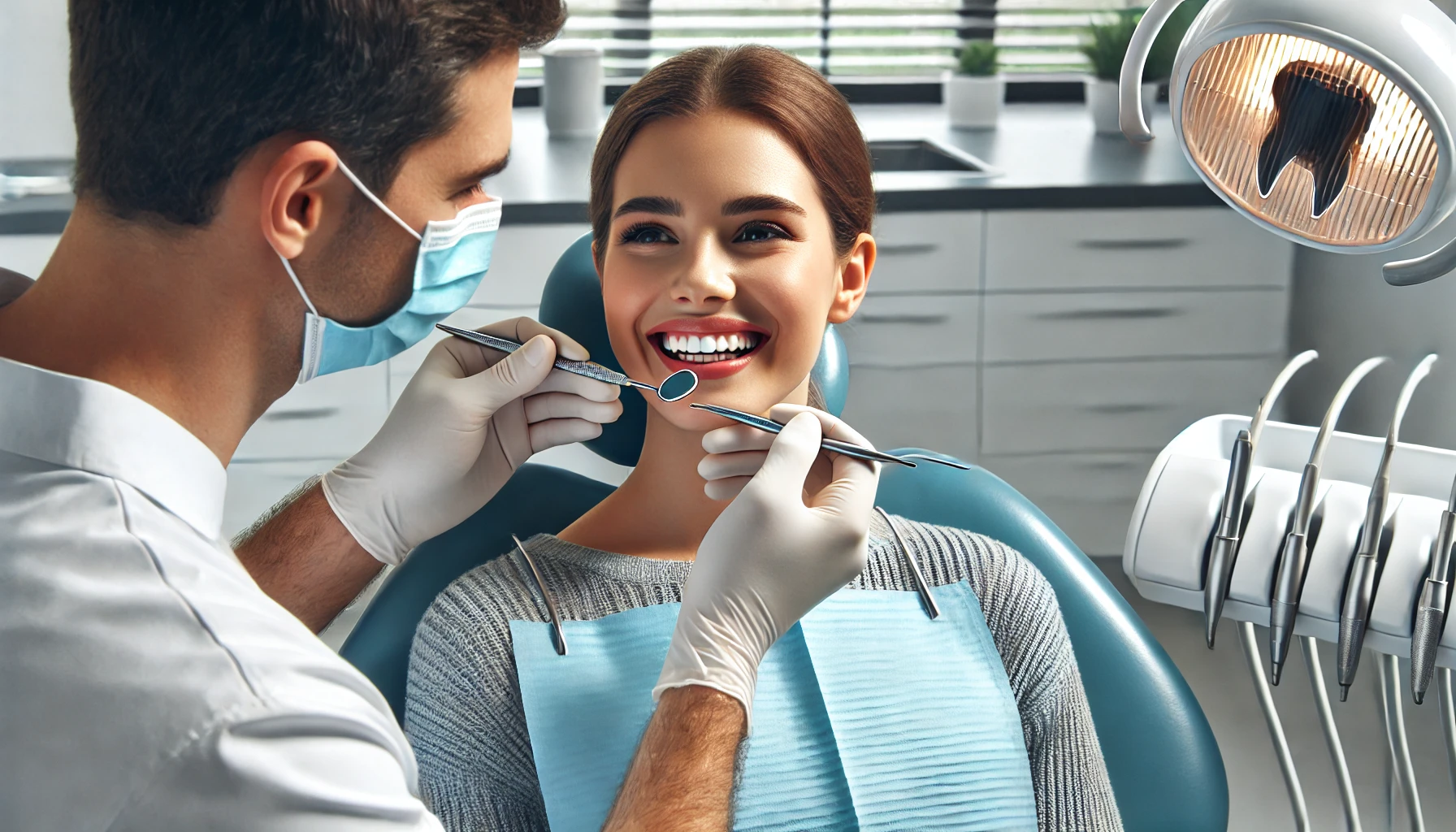 "A dentist examining a patient experiencing toothache in a clean, modern dental clinic, checking for common causes like decay or infection."