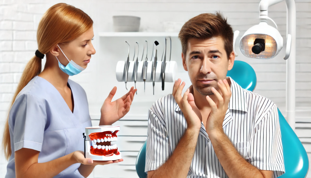 A patient experiencing teeth grinding during sleep while a dentist explains causes and treatment in a clean, bright dental clinic."