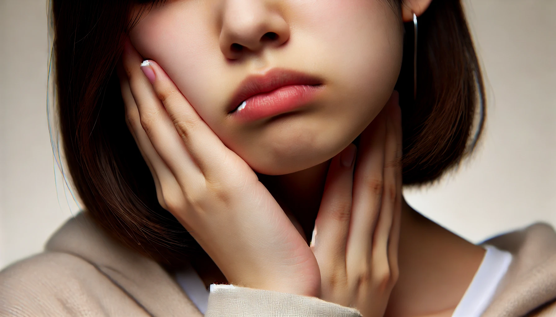 A close-up of a person holding their jaw in discomfort, showing signs of a tooth infection symptoms and the seriousness of the symptoms.