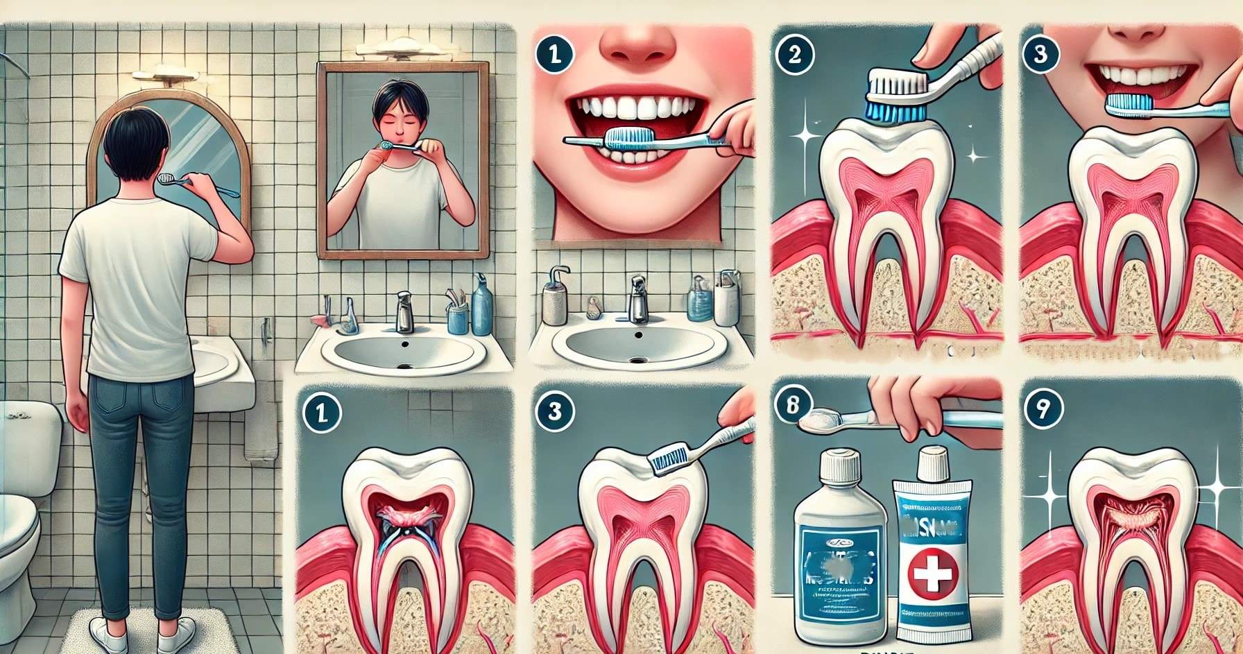 Person caring for teeth after a root canal, brushing gently and using mouthwash."