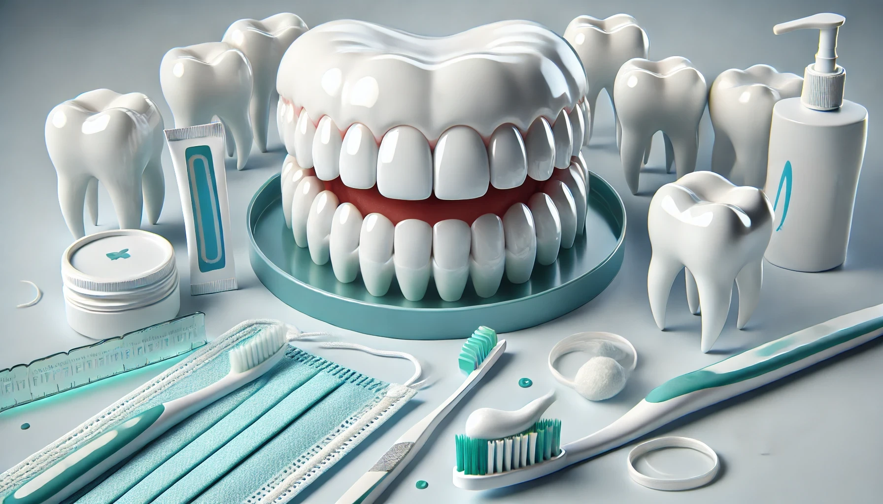 Healthy, white teeth with dental care items like toothbrush, toothpaste, and floss in a clean setting, emphasizing oral hygiene maintenance."