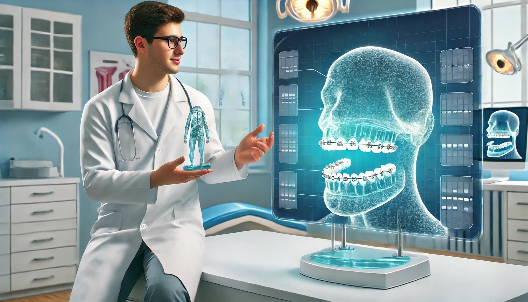 A dental professional explaining invisible braces to a patient, with a model showing teeth alignment in a bright office.