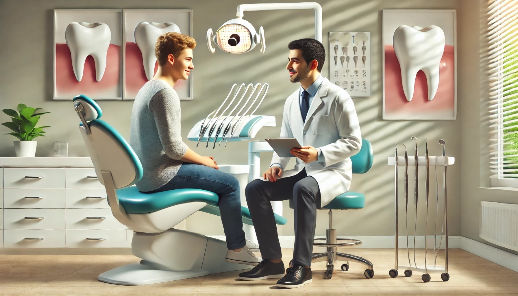 A dental professional consulting with a patient about dental veneers in a modern clinic setting.