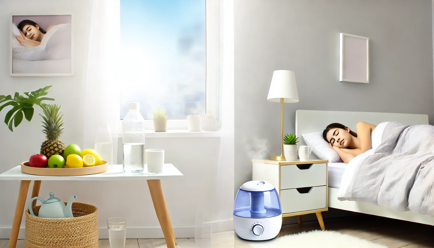 A serene bedroom scene showing lifestyle changes like sleeping on the side, a humidifier, and fresh air to reduce snoring naturally."